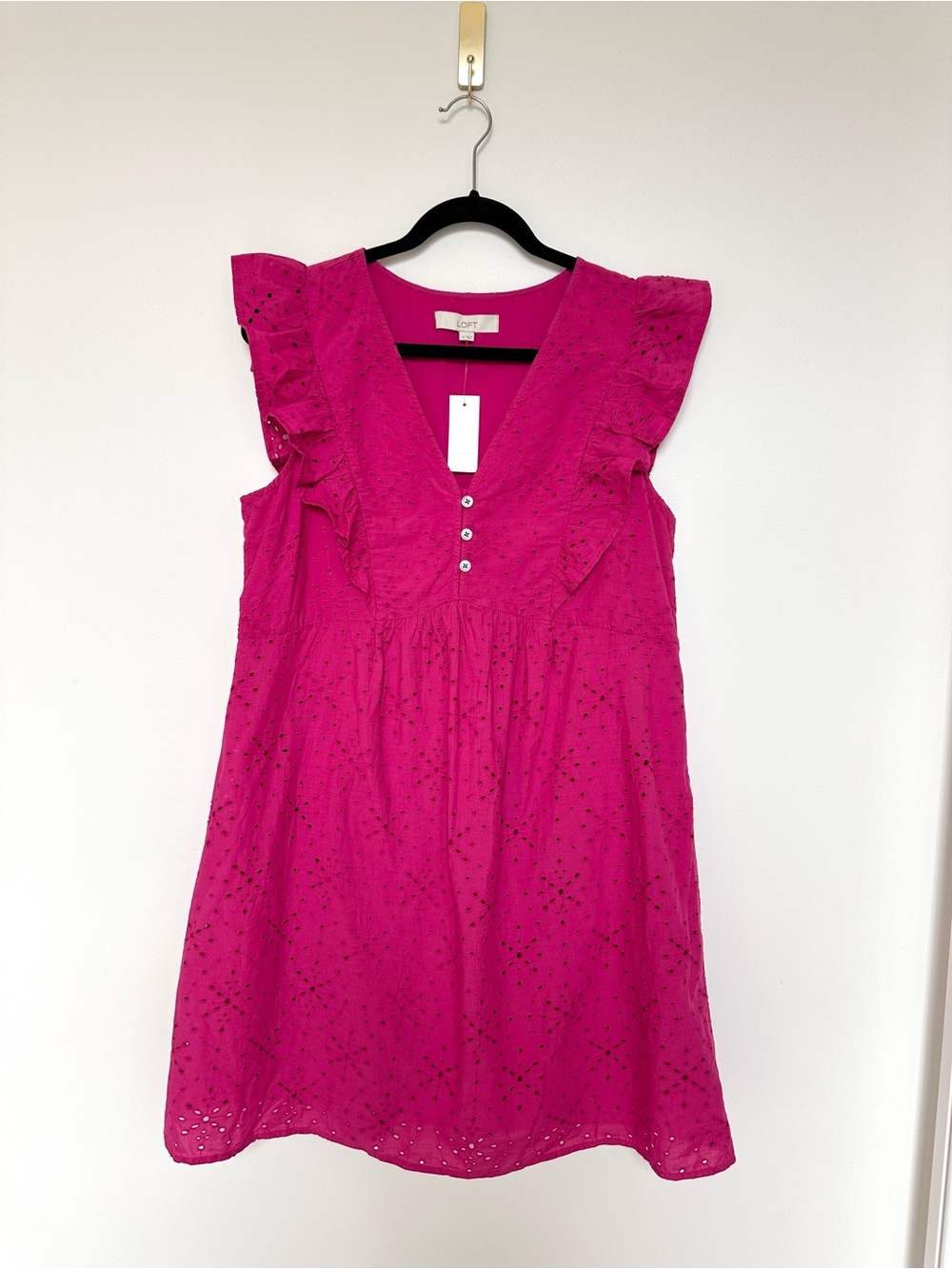 LOFT Magenta Eyelet V-Neck Ruffle Sleeve Dress